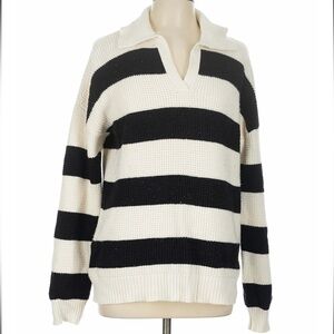 Cyrus Striped Collared Pullover Sweater Cream Black Sz S